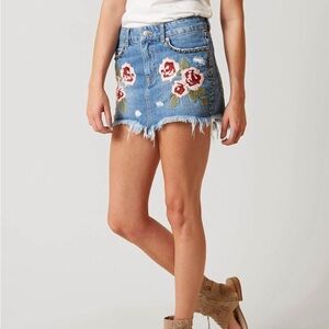 Free People jean flowers embroidered mini skirt